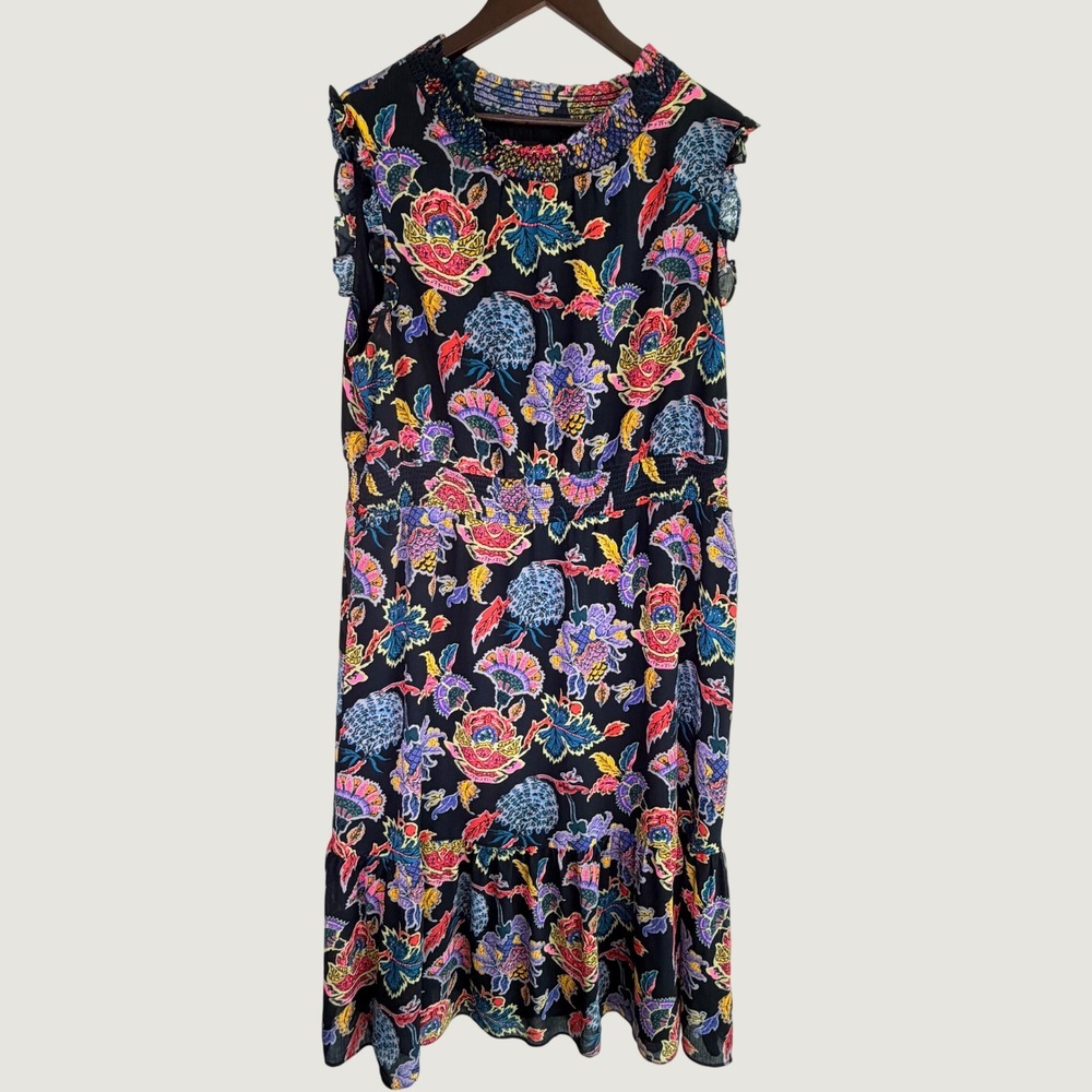 J.Crew Floral Smocked Waist Ruffle Tiered Dress Womens XL Navy Summer Feminine
